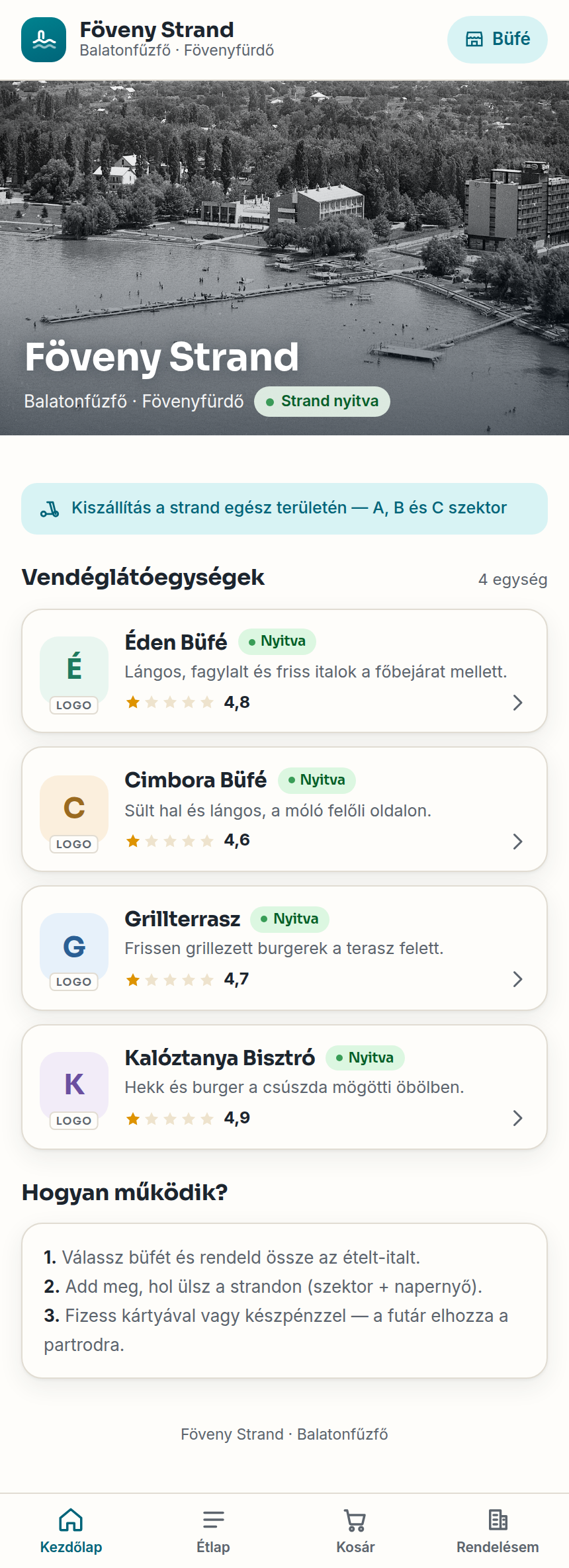 A Föveny Strand app kezdőlapja a vendéglátóegységek listájával