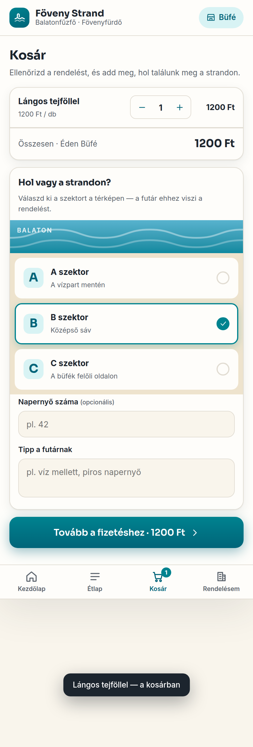 A vendég helymegadása szektorral és napernyővel a térképen